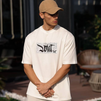 Bisiklet Yaka Baskılı Oversize T-Shirt - Beyaz -