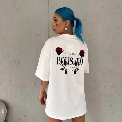 Bisiklet Yaka Baskılı Oversize T-Shirt - Beyaz -