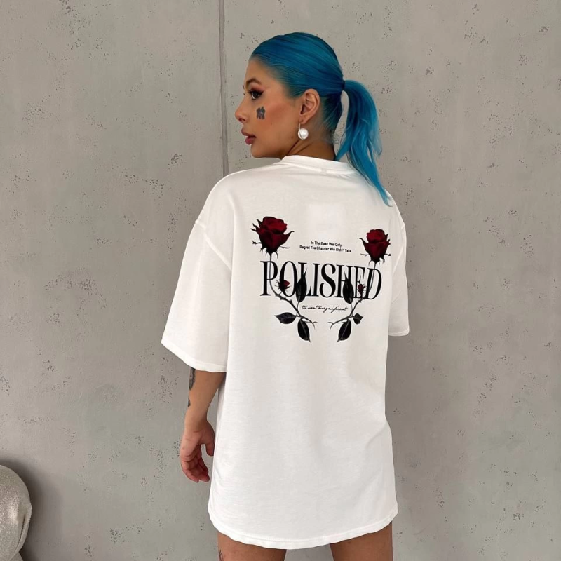 Bisiklet Yaka Baskılı Oversize T-Shirt - Beyaz -