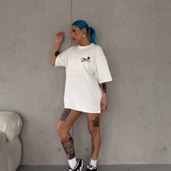 Bisiklet Yaka Baskılı Oversize T-Shirt - Beyaz -