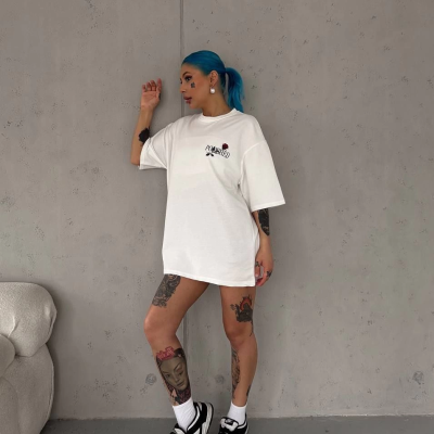 Bisiklet Yaka Baskılı Oversize T-Shirt - Beyaz -