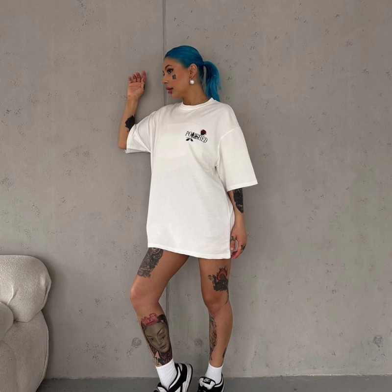 Bisiklet Yaka Baskılı Oversize T-Shirt - Beyaz -