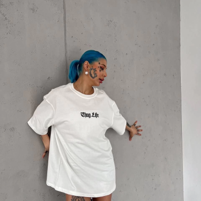 Bisiklet Yaka Baskılı Oversize T-Shirt - Beyaz -