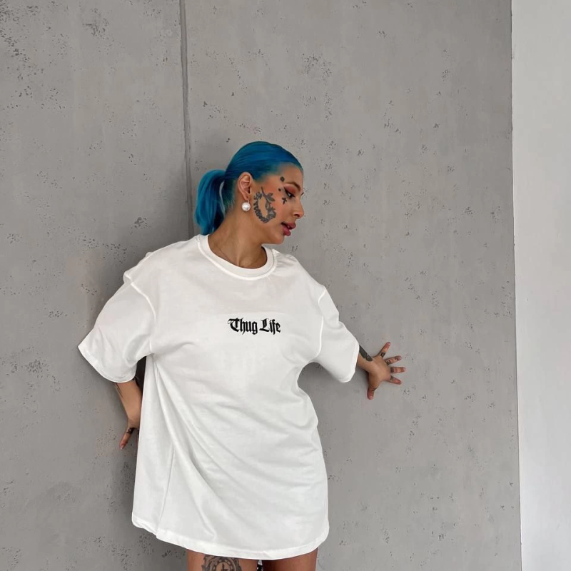 Bisiklet Yaka Baskılı Oversize T-Shirt - Beyaz -