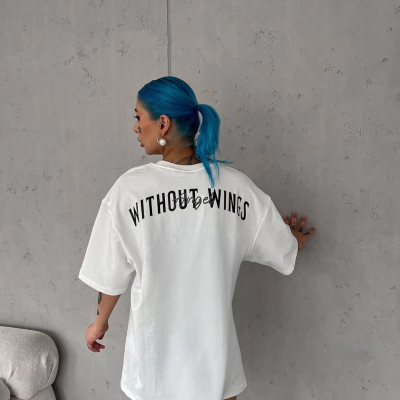 Bisiklet Yaka Baskılı Oversize T-Shirt - Beyaz -