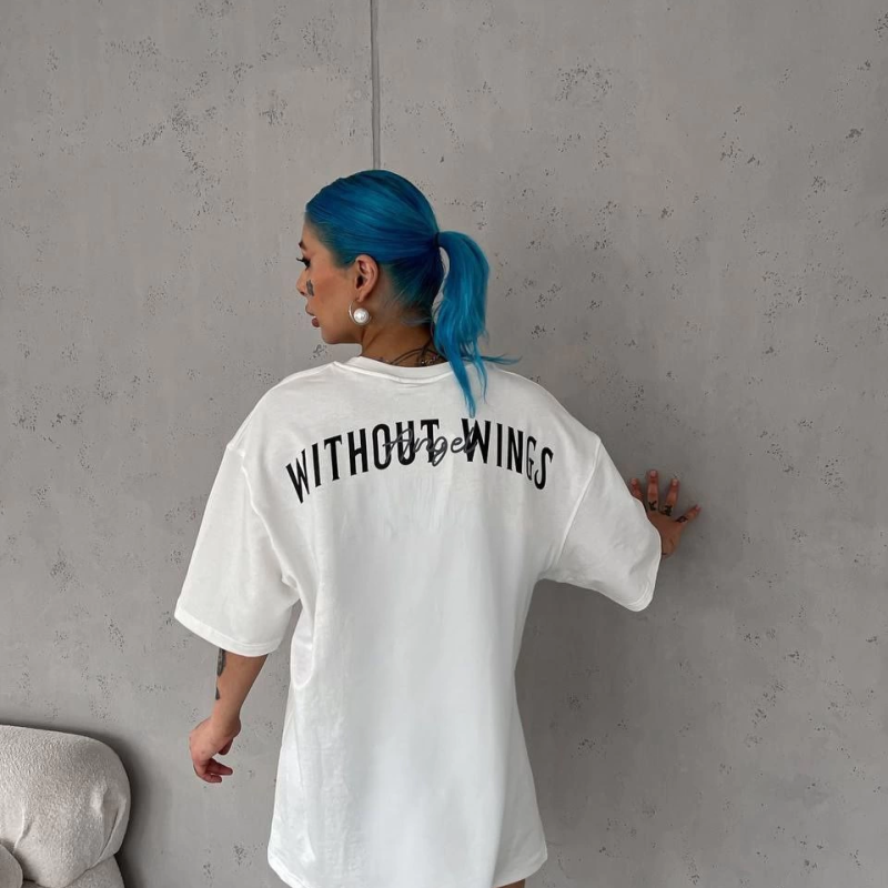 Bisiklet Yaka Baskılı Oversize T-Shirt - Beyaz -