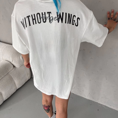 Bisiklet Yaka Baskılı Oversize T-Shirt - Beyaz -