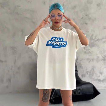 Bisiklet Yaka Baskılı Oversize T-Shirt - Beyaz -