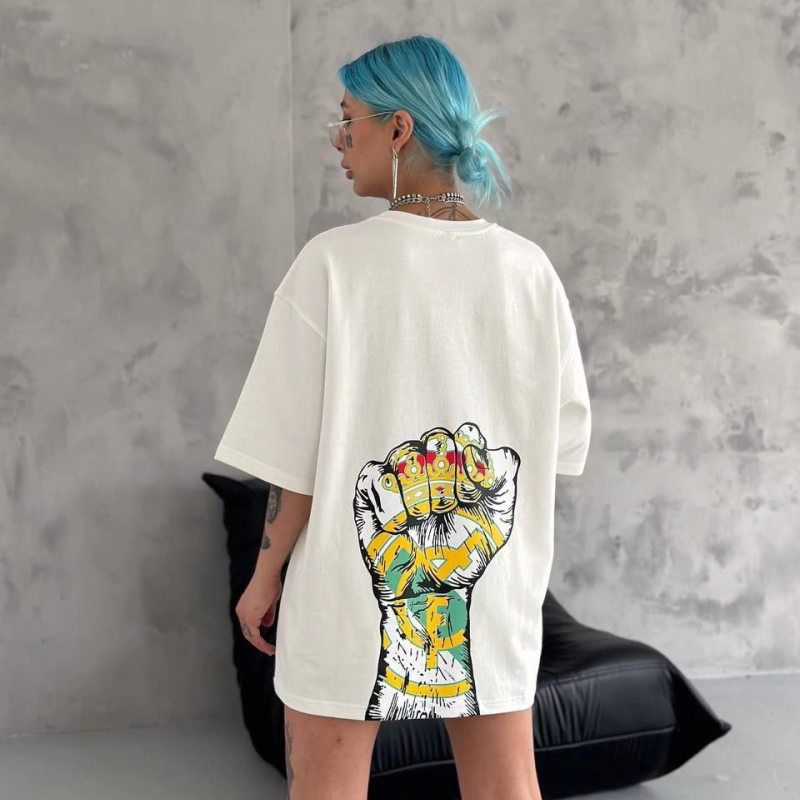 Bisiklet Yaka Baskılı Oversize T-Shirt - Beyaz -