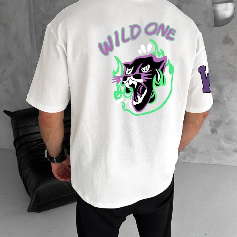 Bisiklet Yaka Baskılı Oversize T-Shirt - Beyaz