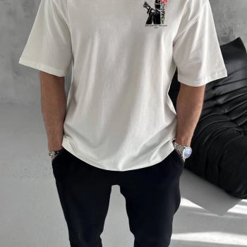 Bisiklet Yaka Baskılı Oversize T-Shirt - Beyaz -