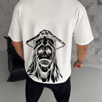 Bisiklet Yaka Baskılı Oversize T-Shirt - Beyaz -