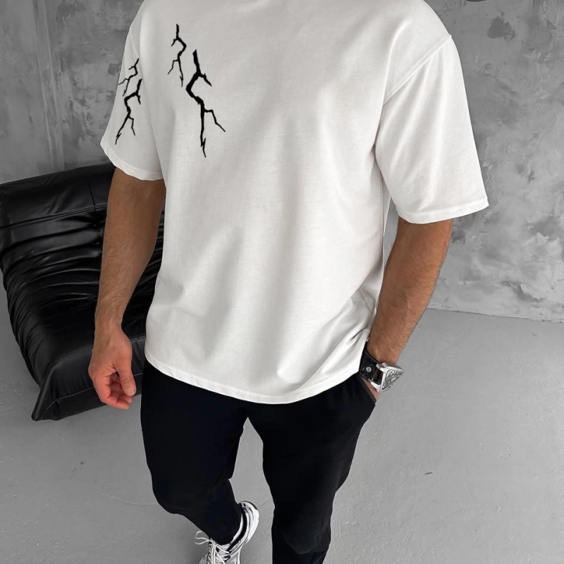 Bisiklet Yaka Baskılı Oversize T-Shirt - Beyaz -