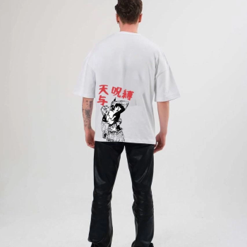 Bisiklet Yaka Baskılı Oversize T-Shirt - Beyaz -