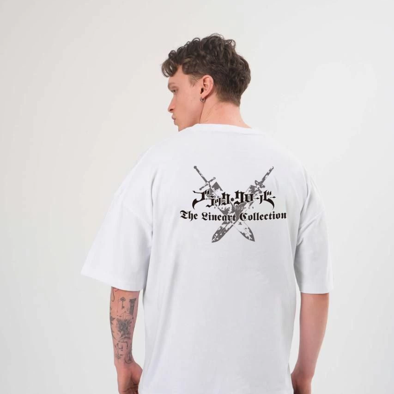 Bisiklet Yaka Baskılı Oversize T-Shirt - Beyaz -