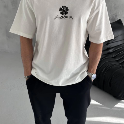 Bisiklet Yaka Baskılı Oversize T-Shirt - Beyaz -