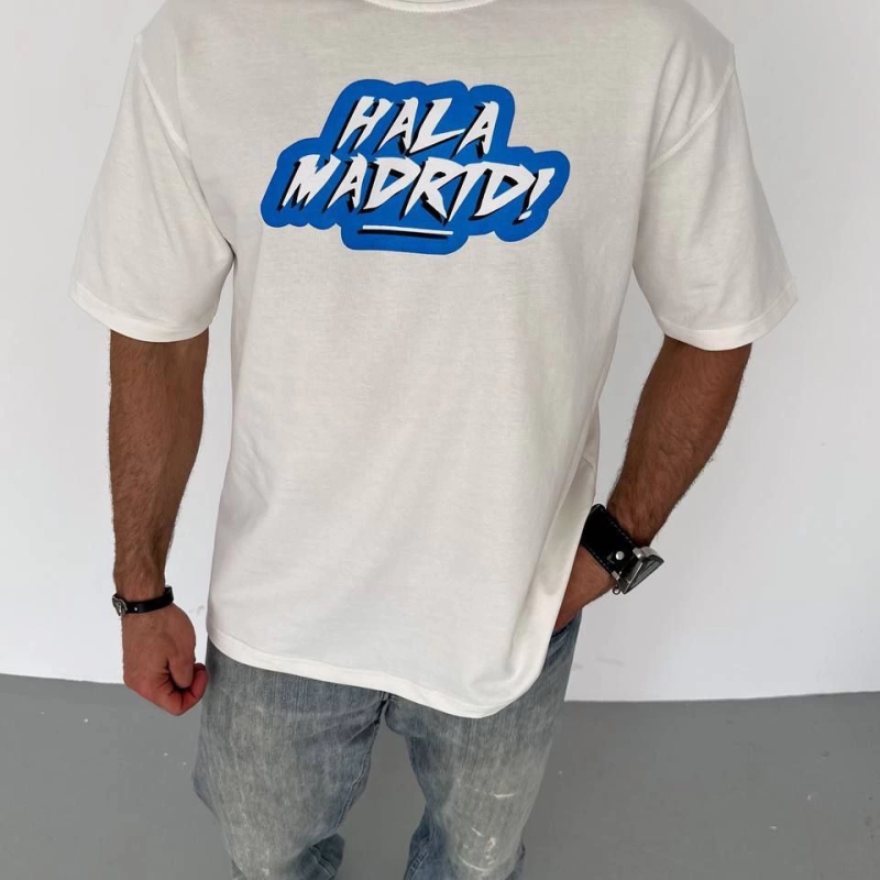 Bisiklet Yaka Baskılı Oversize T-Shirt - Beyaz -