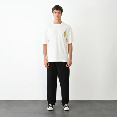 Bisiklet Yaka Baskılı Oversize T-Shirt - Beyaz -