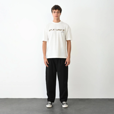 Bisiklet Yaka Baskılı Oversize T-Shirt - Beyaz -