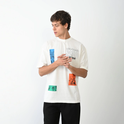 Bisiklet Yaka Baskılı Oversize T-Shirt - Beyaz -