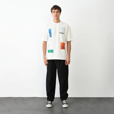 Bisiklet Yaka Baskılı Oversize T-Shirt - Beyaz -