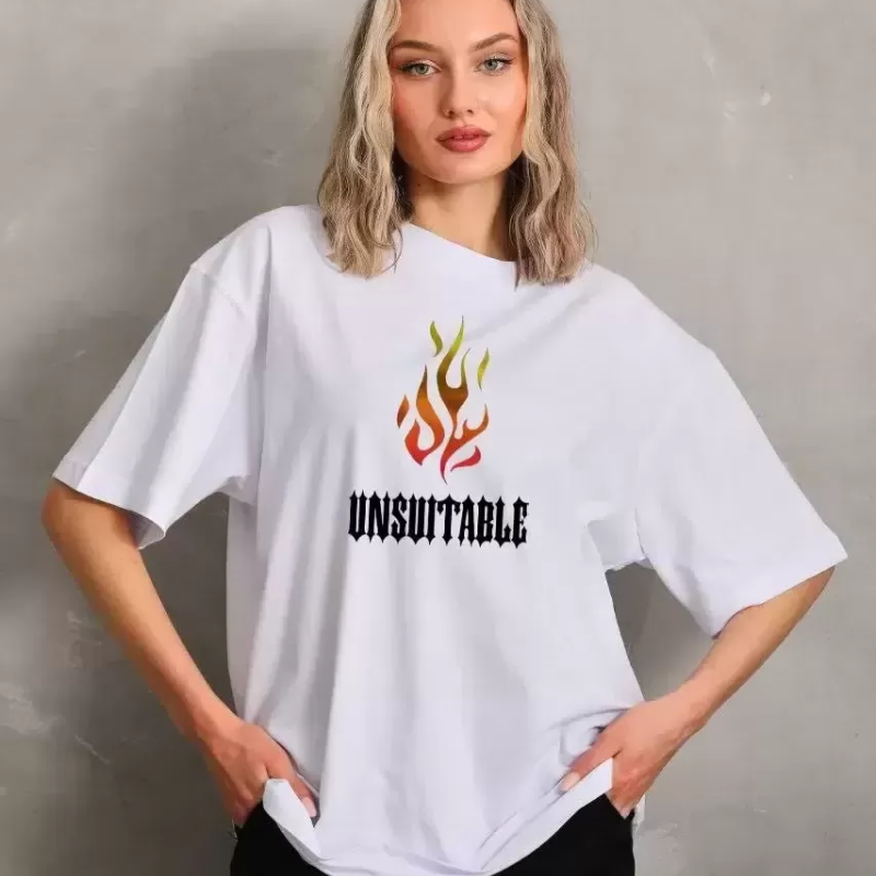 Bisiklet Yaka Baskılı Oversize T-Shirt - Beyaz -
