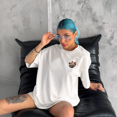 Bisiklet Yaka Baskılı Oversize T-Shirt - Beyaz -