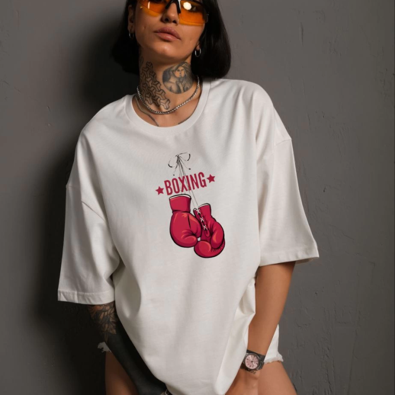 Bisiklet Yaka Baskılı Oversize T-Shirt - Beyaz -