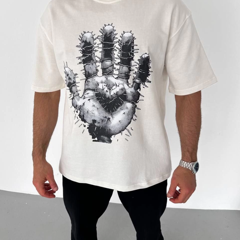 Bisiklet Yaka Baskılı Oversize T-Shirt - Beyaz -