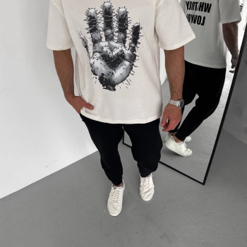 Bisiklet Yaka Baskılı Oversize T-Shirt - Beyaz -