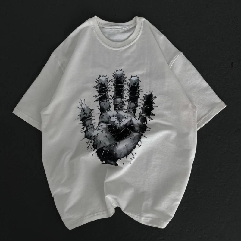 Bisiklet Yaka Baskılı Oversize T-Shirt - Beyaz -