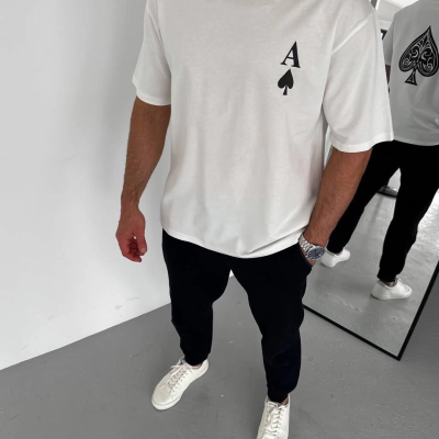 Bisiklet Yaka Baskılı Oversize T-Shirt - Beyaz