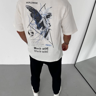 Bisiklet Yaka Baskılı Oversize T-Shirt - Beyaz -