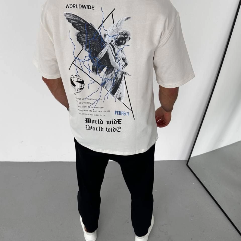 Bisiklet Yaka Baskılı Oversize T-Shirt - Beyaz -