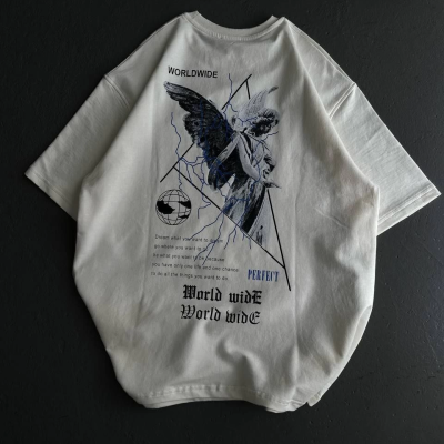 Bisiklet Yaka Baskılı Oversize T-Shirt - Beyaz -