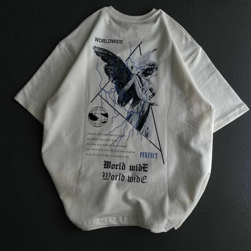 Bisiklet Yaka Baskılı Oversize T-Shirt - Beyaz -