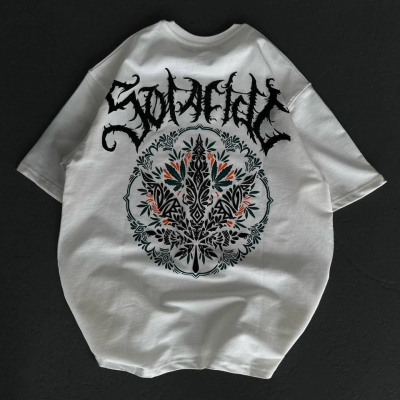 Bisiklet Yaka Baskılı Oversize T-Shirt - Beyaz -