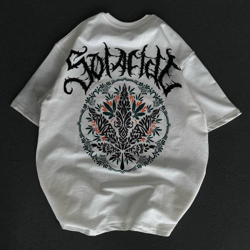 Bisiklet Yaka Baskılı Oversize T-Shirt - Beyaz -