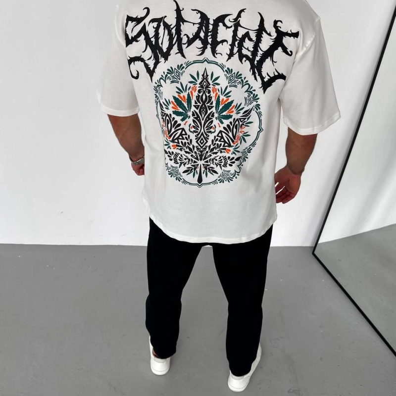 Bisiklet Yaka Baskılı Oversize T-Shirt - Beyaz -