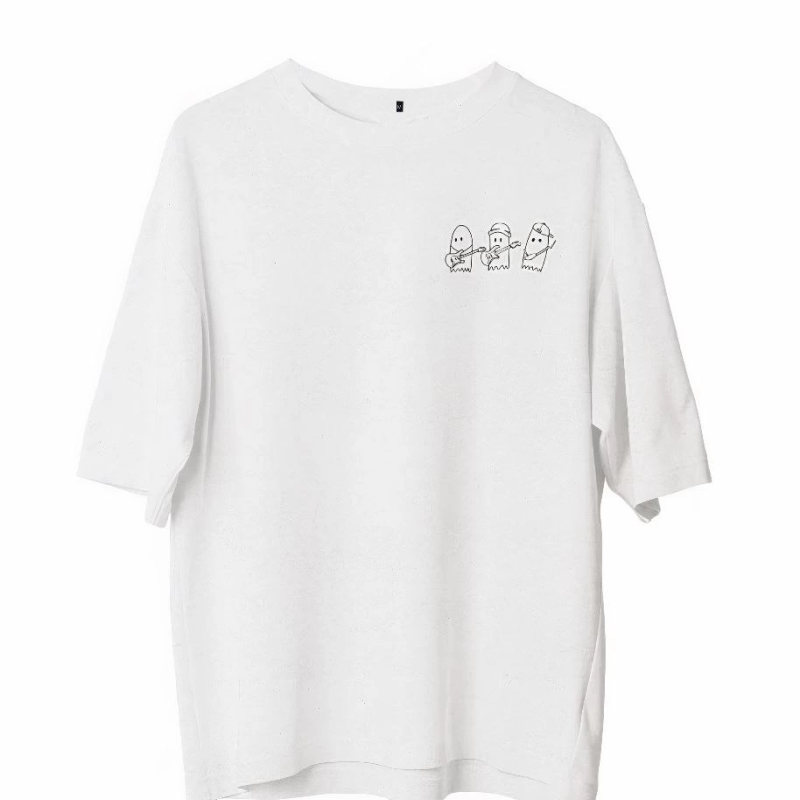 Bisiklet Yaka Baskılı Oversize T-Shirt - Beyaz -