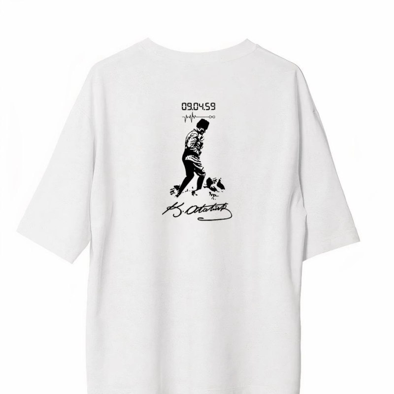 Bisiklet Yaka Baskılı Oversize T-Shirt - Beyaz