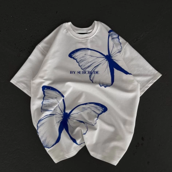 Bisiklet Yaka Baskılı Oversize T-Shirt - Beyaz