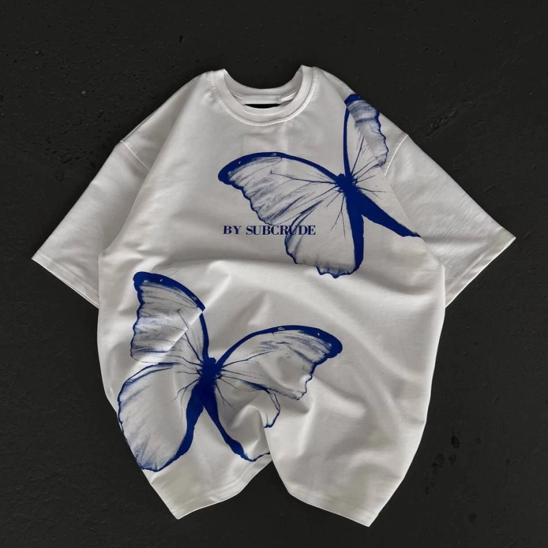 Bisiklet Yaka Baskılı Oversize T-Shirt - Beyaz