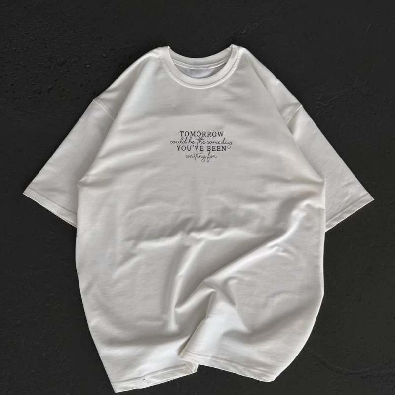 Bisiklet Yaka Baskılı Oversize T-Shirt - Beyaz