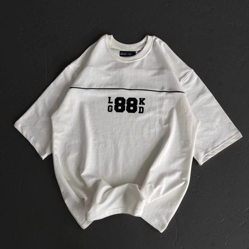 Bisiklet Yaka Baskılı Oversize T-Shirt - Beyaz