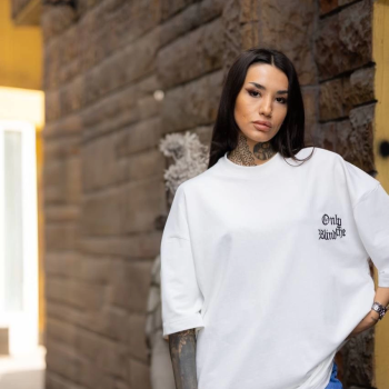 Bisiklet Yaka Baskılı Oversize T-Shirt - Beyaz -