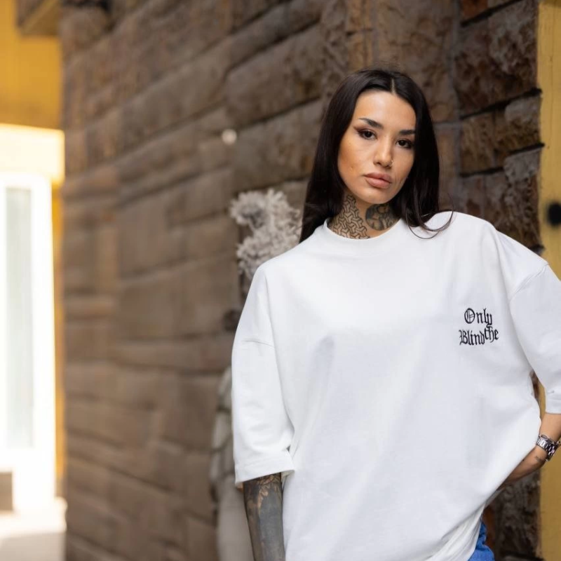 Bisiklet Yaka Baskılı Oversize T-Shirt - Beyaz -