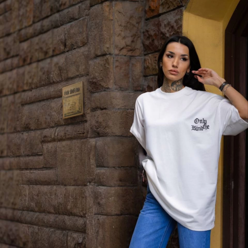 Bisiklet Yaka Baskılı Oversize T-Shirt - Beyaz -