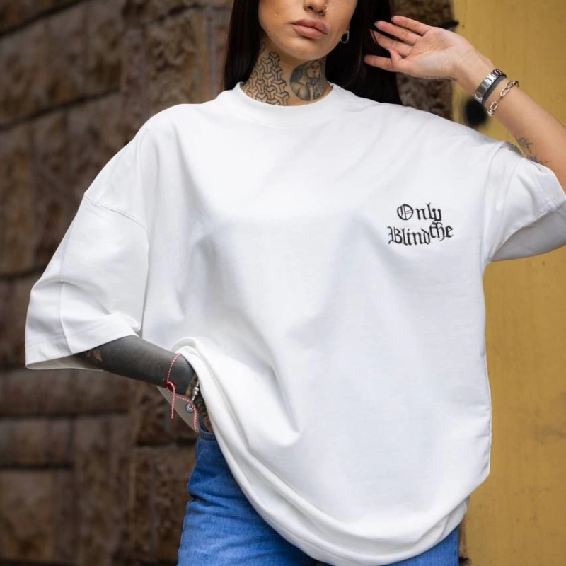 Bisiklet Yaka Baskılı Oversize T-Shirt - Beyaz -