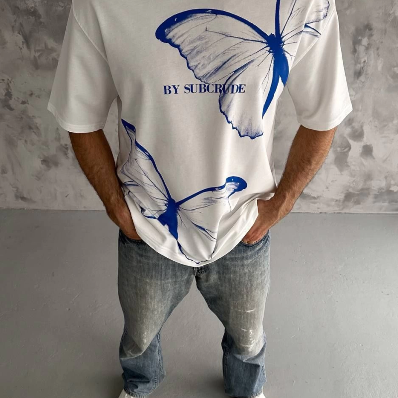 Bisiklet Yaka Baskılı Oversize T-Shirt - Beyaz